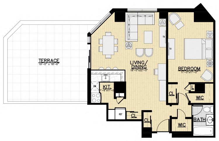 Floor plan for 1 bed, 1 bath, 854 sqft